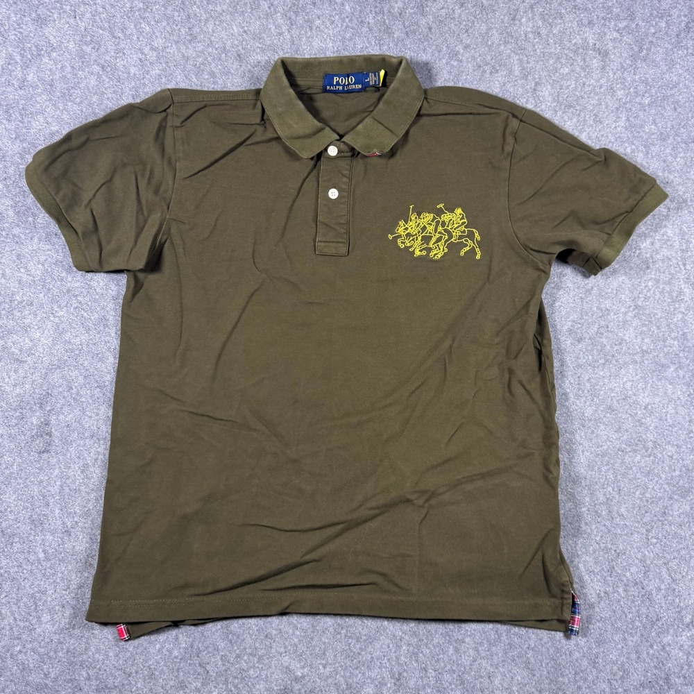 Polo Ralph Lauren Shirt Boys L Olive Green Triple Pony Plaid Trim Pique Polo